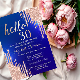 Modern Rose Gold Glitter Drips Blue 30th Birthday Invitation