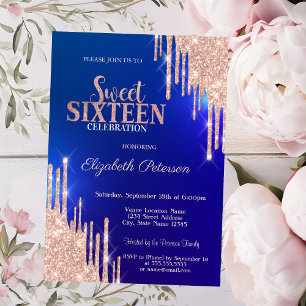 Modern Rose Gold Glitter Drips Blue Sweet 16 Invitation