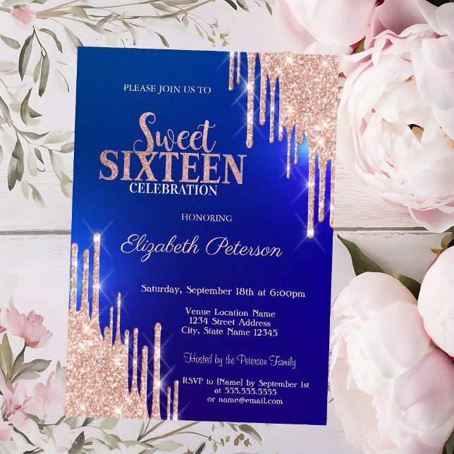 Modern Rose Gold Glitter Drips Blue Sweet 16 Invitation (Creator Uploaded)