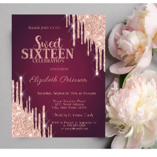 Modern Rose Gold Glitter Drips Burgundy Sweet 16 Invitation
