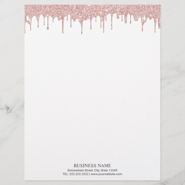 Modern Rose Gold Glitter Drips Custom Letterhead (Front)