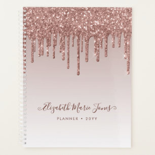 Modern Rose Gold Glitter Drips Elegant Script Planner