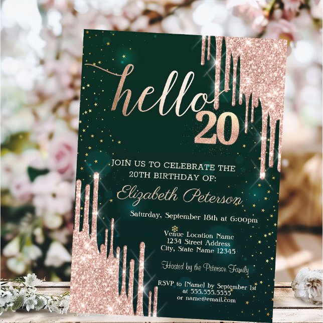 Modern Rose Gold Glitter Drips Green 20th Birthday Invitation (Creator Uploaded)