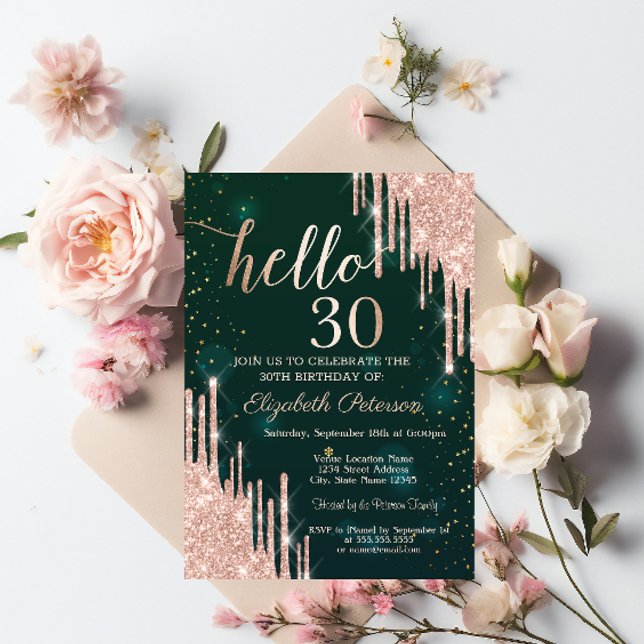 Modern Rose Gold Glitter Drips Green 30th Birthday Invitation (Creator Uploaded)