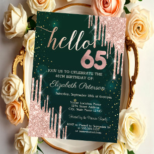 Modern Rose Gold Glitter Drips Green 65th Birthday Invitation