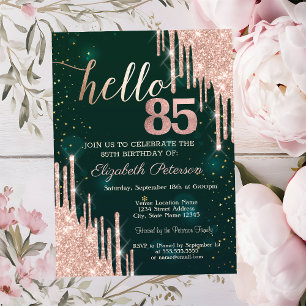 Modern Rose Gold Glitter Drips Green 85th Birthday Invitation