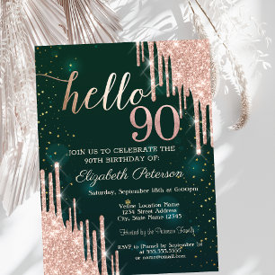 Modern Rose Gold Glitter Drips Green 90th Birthday Invitation