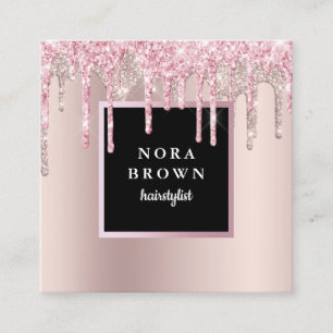 Modern rose gold glitter drips hairstylist square business card