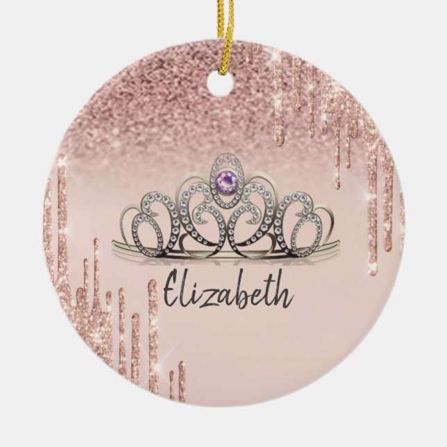 Modern Rose Gold Glitter Drips Ombre Tiara  Ceramic Tree Decoration (Front)
