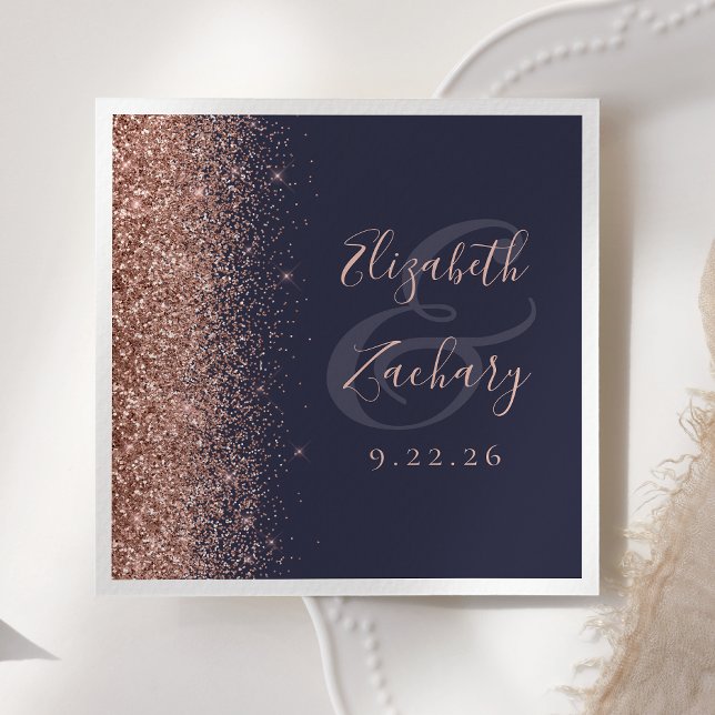 Modern Rose Gold Glitter Edge Dark Blue Wedding Napkin (Creator Uploaded)