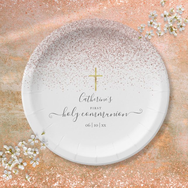 Modern Rose Gold Glitter First Holy Communion Paper Plate (Modern Rose Gold Glitter First Holy Communion Paper Plates)