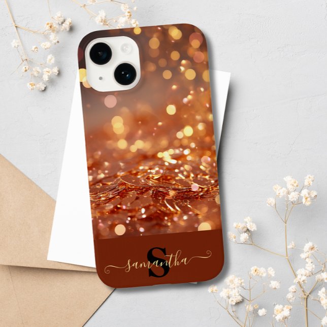 Modern Rose Gold Glitter Gemstones Monogrammed  Case-Mate iPhone Case (Creator Uploaded)