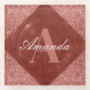 Modern Rose Gold Glitter Girly Monogram Glass Coaster