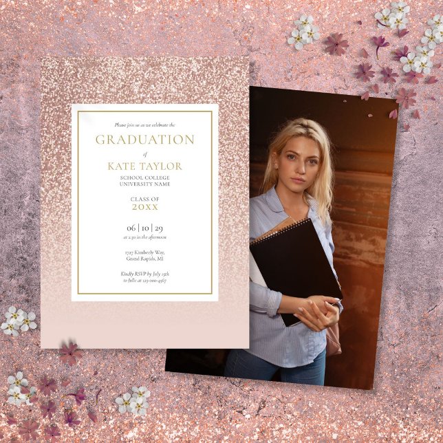 Modern Rose Gold Glitter Graduation Photo Invitation (Modern Rose Gold Glitter Graduation Photo Invitation)
