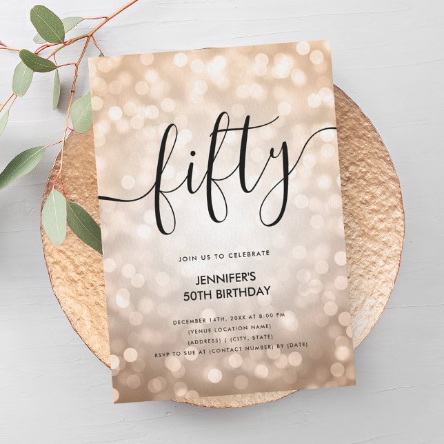 Modern Rose Gold Glitter Lights 50th Birthday  Invitation (Modern Rose Gold Glitter Lights 50th Birthday Invitation)