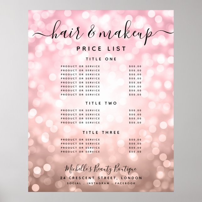 Modern Rose Gold Glitter Lights Salon Price Menu  Poster (Front)