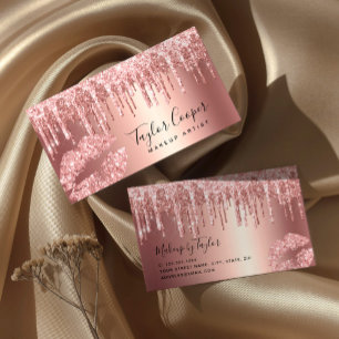 Modern rose gold glitter lips makeup artist business card
