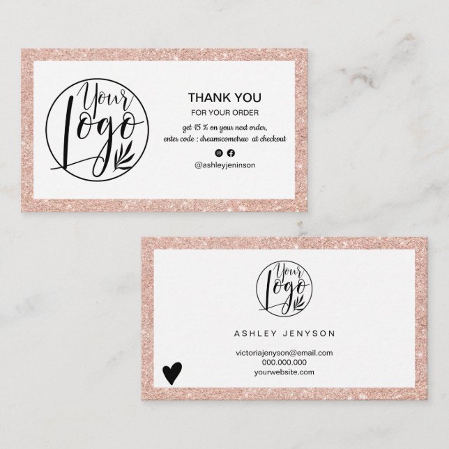 Modern rose gold glitter logo order thank you business card (Front/Back)