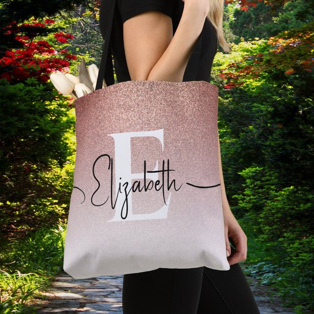 Modern Rose Gold Glitter Luxury Ombre Monogrammed Tote Bag (Creator Uploaded)