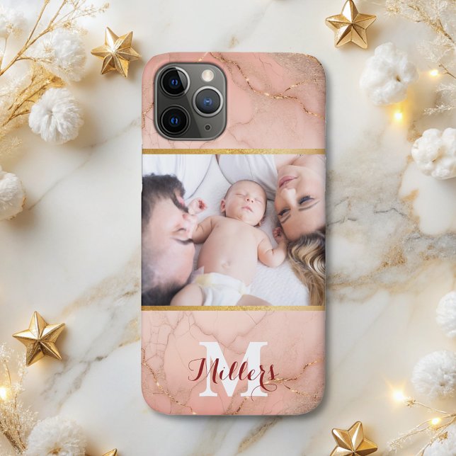 Modern rose gold glitter marble monogram photo  Case-Mate iPhone case (Creator Uploaded)