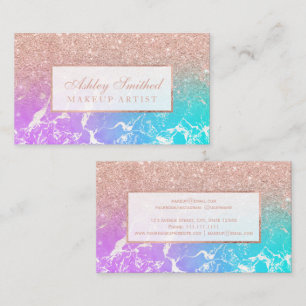 Modern rose gold glitter mermaid marble makeup business card