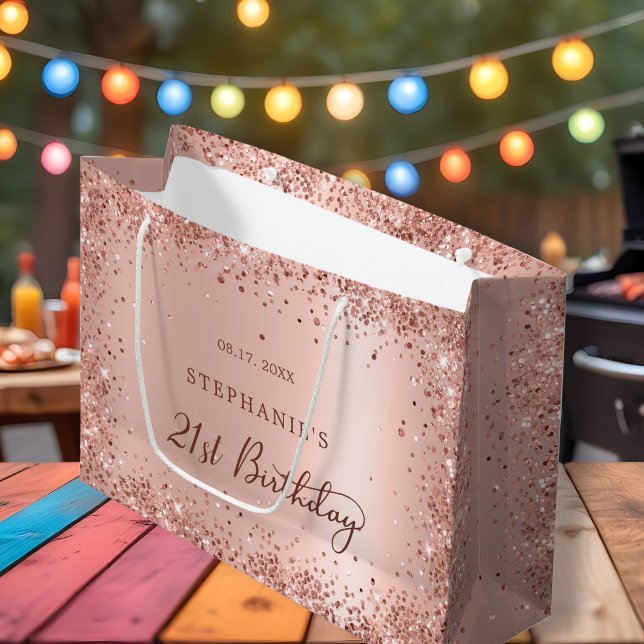 Modern Rose Gold Glitter Monogram 21st Birthday Large Gift Bag (Creator Uploaded)