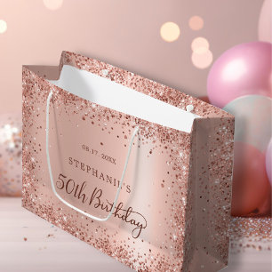 Modern Rose Gold Glitter Monogram 50th Birthday Large Gift Bag
