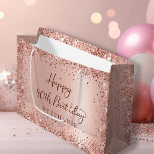 Modern Rose Gold Glitter Monogram 80th Birthday Large Gift Bag
