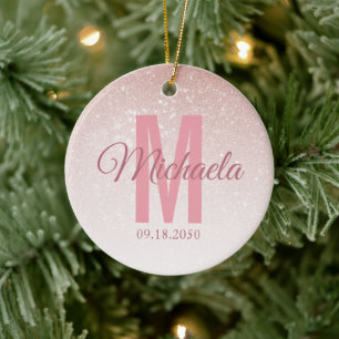 Modern Rose Gold Glitter Monogram Initial Girly Ceramic Tree Decoration