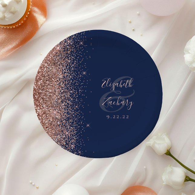 Modern Rose Gold Glitter Navy Blue Wedding Paper Plate (Creator Uploaded)