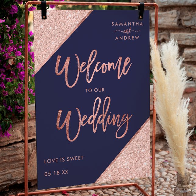 Modern rose gold glitter navy blue welcome wedding poster (Modern rose gold glitter navy blue welcome wedding poster)