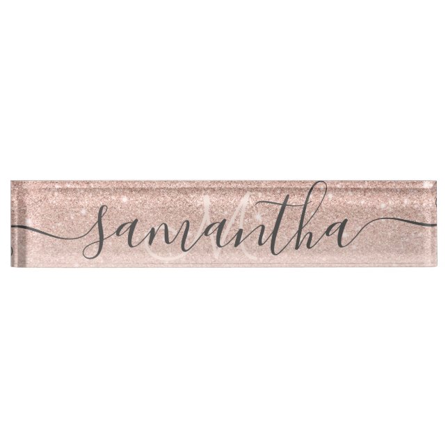 Modern rose gold glitter ombre blush monogram nameplate (Front)