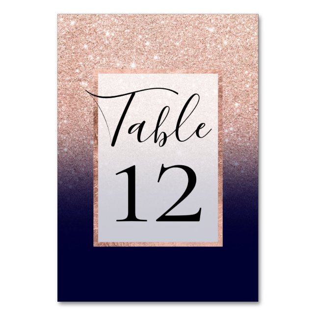 Modern rose gold glitter ombre gradient navy blue table number (Front)