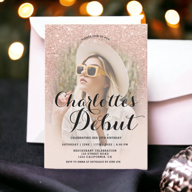 Modern rose gold glitter ombre photo 18th debut invitation (Modern rose gold glitter ombre photo 18th debut invitation)