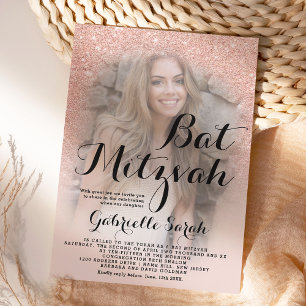Modern rose gold glitter ombre photo Bat Mitzvah Invitation