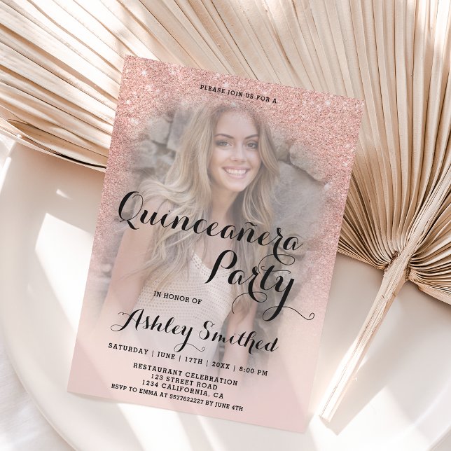 Modern rose gold glitter ombre photo Quinceañera Invitation (Creator Uploaded)