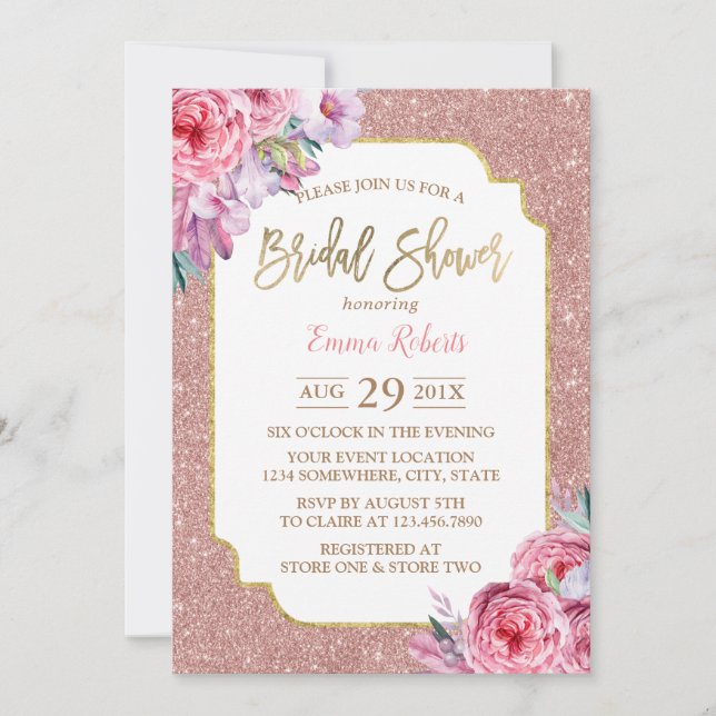 Modern Rose Gold Glitter Pink Floral Bridal Shower Invitation (Front)
