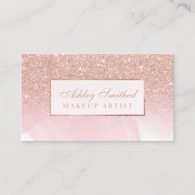 Modern rose gold glitter pink watercolor makeup business card (Front)