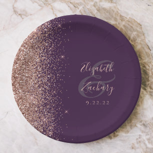 Modern Rose Gold Glitter Purple Wedding Paper Plate