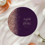 Modern Rose Gold Glitter Purple Wedding Paper Plate<br><div class="desc">These elegant modern wedding plates feature a rose gold faux glitter edge. Easily customise the rose pink text on a purple background,  with the names of the bride and groom in whimsical handwriting calligraphy over a large charcoal grey ampersand.</div>