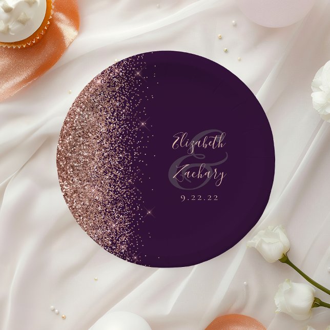 Modern Rose Gold Glitter Purple Wedding Paper Plate (Creator Uploaded)