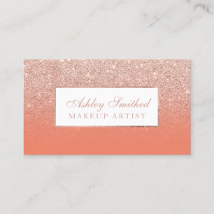 Modern rose gold glitter salmon ombre makeup business card