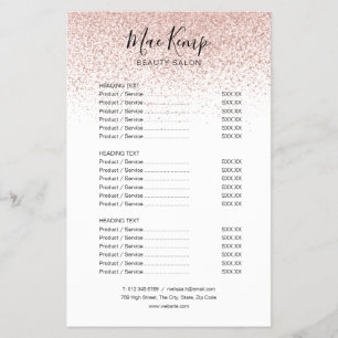 Modern Rose Gold Glitter Salon Service Menu