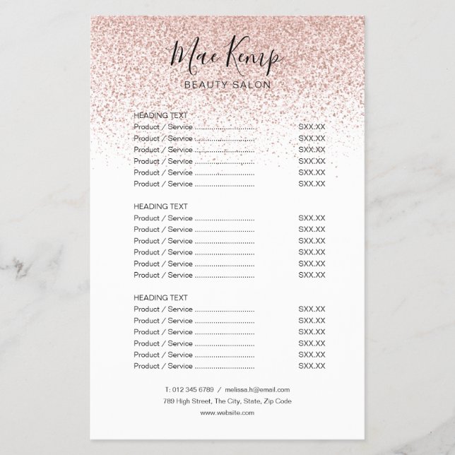 Modern Rose Gold Glitter Salon Service Menu (Front)