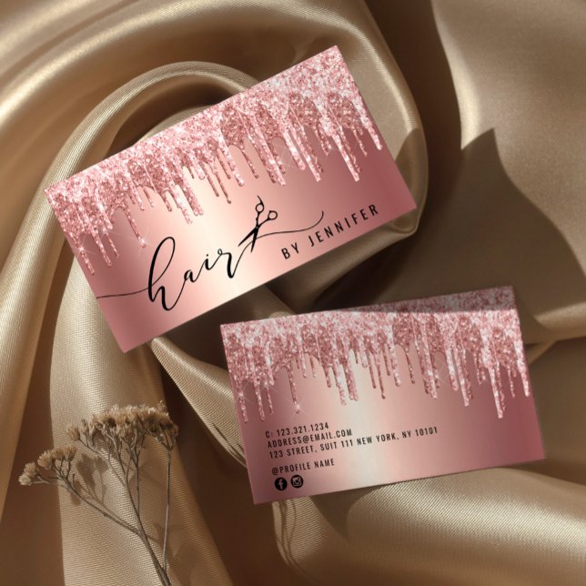 Modern rose gold glitter scissors hairstylist business card (Creator Uploaded)