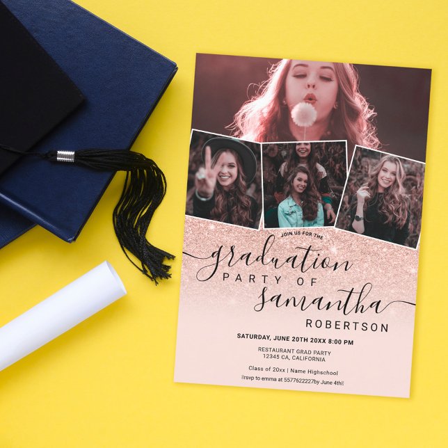 Modern rose gold glitter script 4 photo graduation invitation (Creator Uploaded)