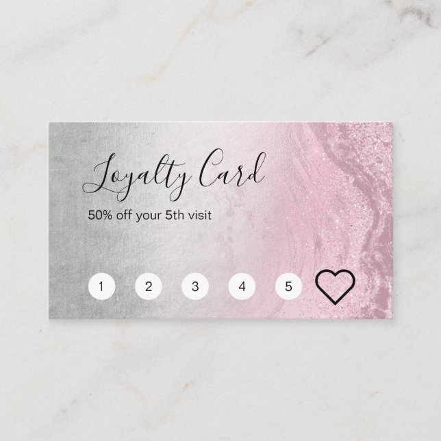 Modern rose gold glitter & silver makeup artist loyalty card (Front)