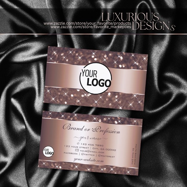 Modern Rose Gold Glitter Sparkle Stars and Logo Business Card (Creator Uploaded)