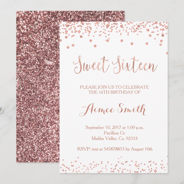 Modern Rose Gold Glitter Sweet 16 Birthday Card (Front/Back)