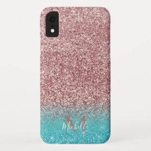 Modern Rose Gold Glitter & Teal Ombre Monogram Case-Mate iPhone Case